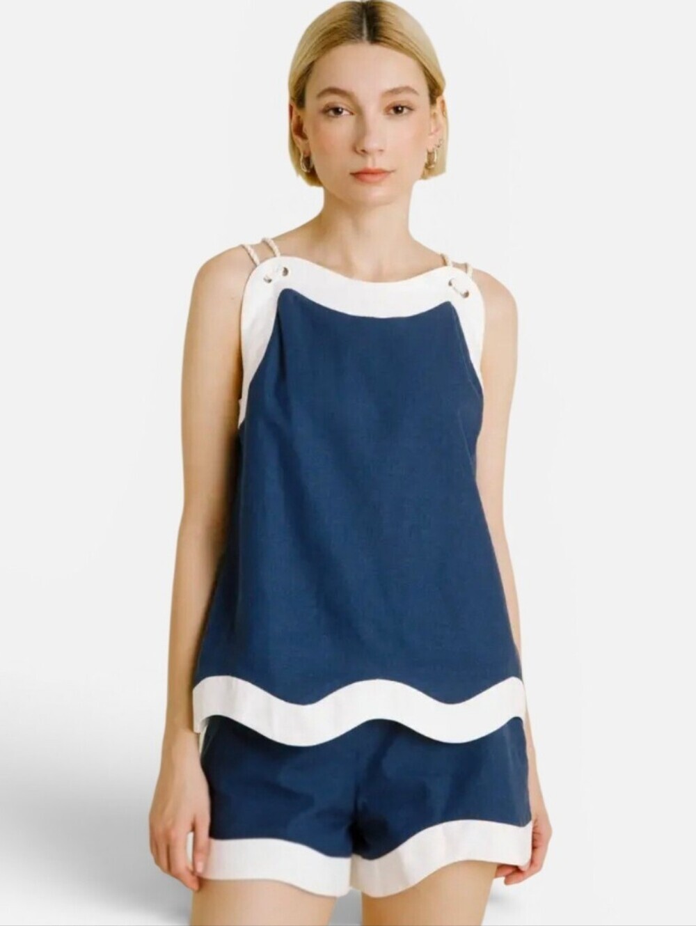 Hausen Nautical Linen Blend Summer Top Scallop Hem Rope Spaghetti Strap Size L